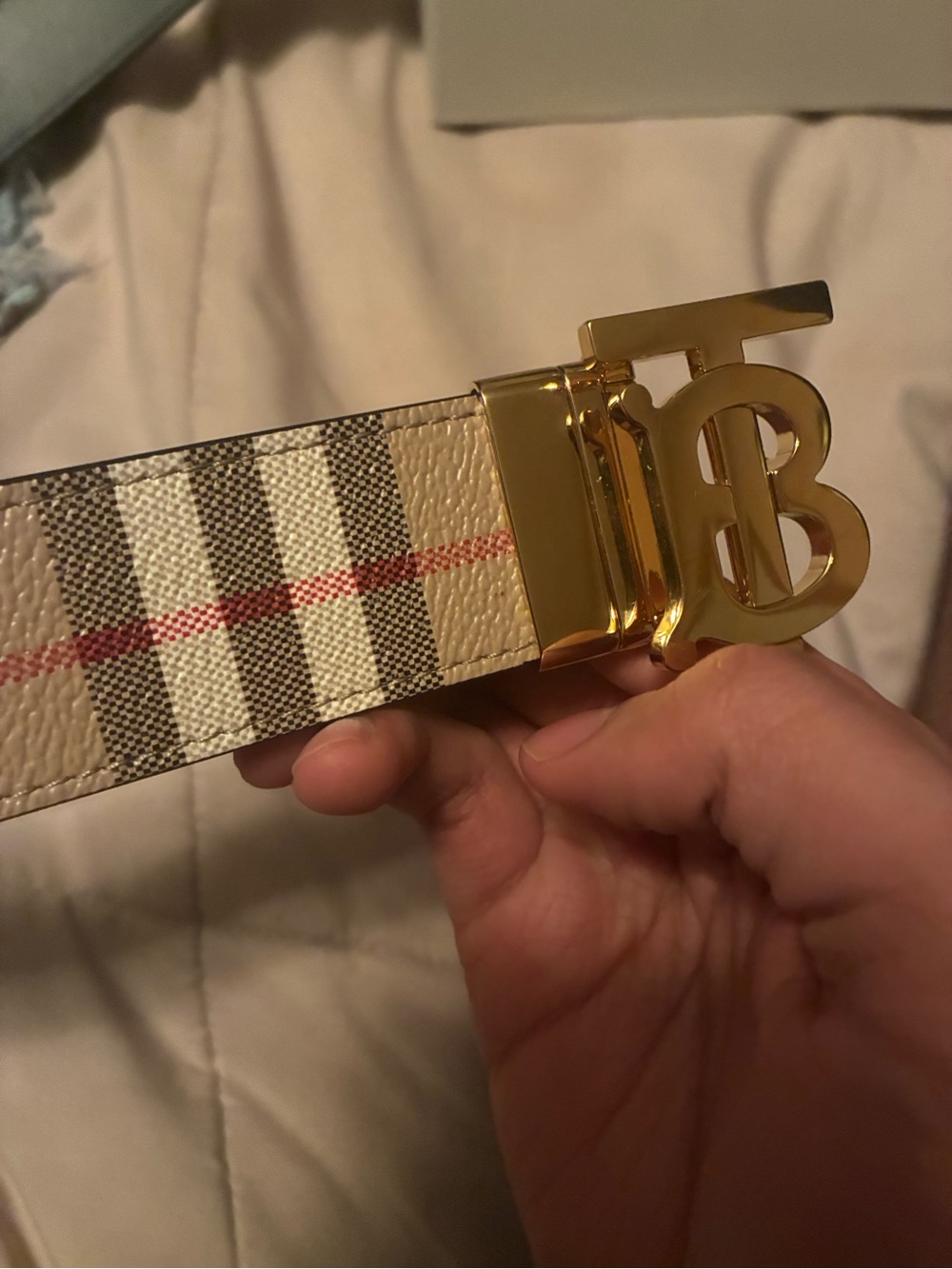 Burberry Beige Check Belt with Gold TB Buckle